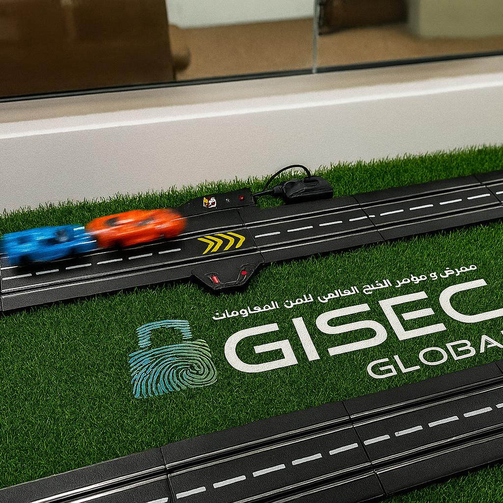 Guest wearing brainwave headband racing a slot car using mind control at a Dubai tech event. Interactive, hands-free game rental for events and exhibitions